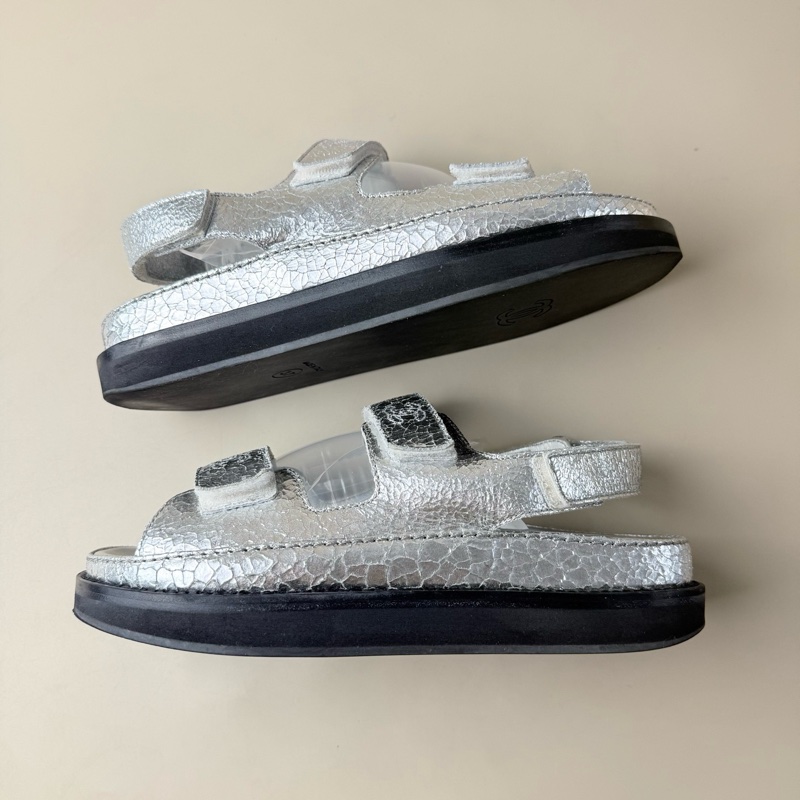 CHANEL/香奈兒 純銀雙C爆裂紋涼鞋 37碼 無附件-3