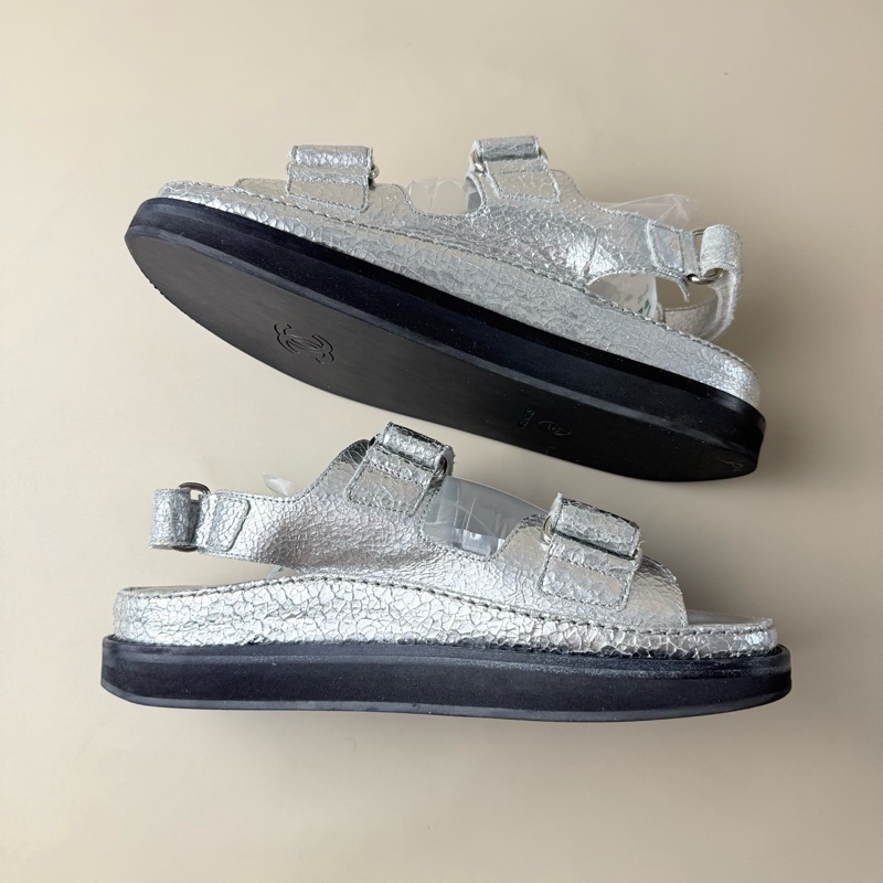 CHANEL/香奈兒 純銀雙C爆裂紋涼鞋 37碼 無附件-4