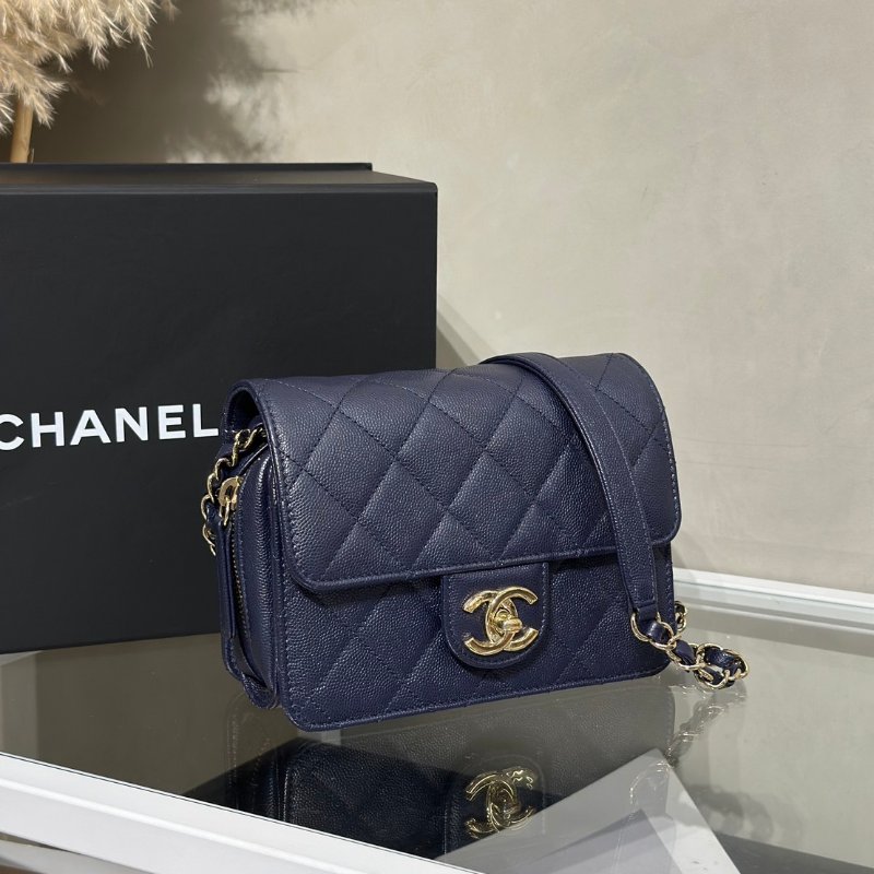 CHANEL 22C多隔層口蓋包 - 深藍金-2