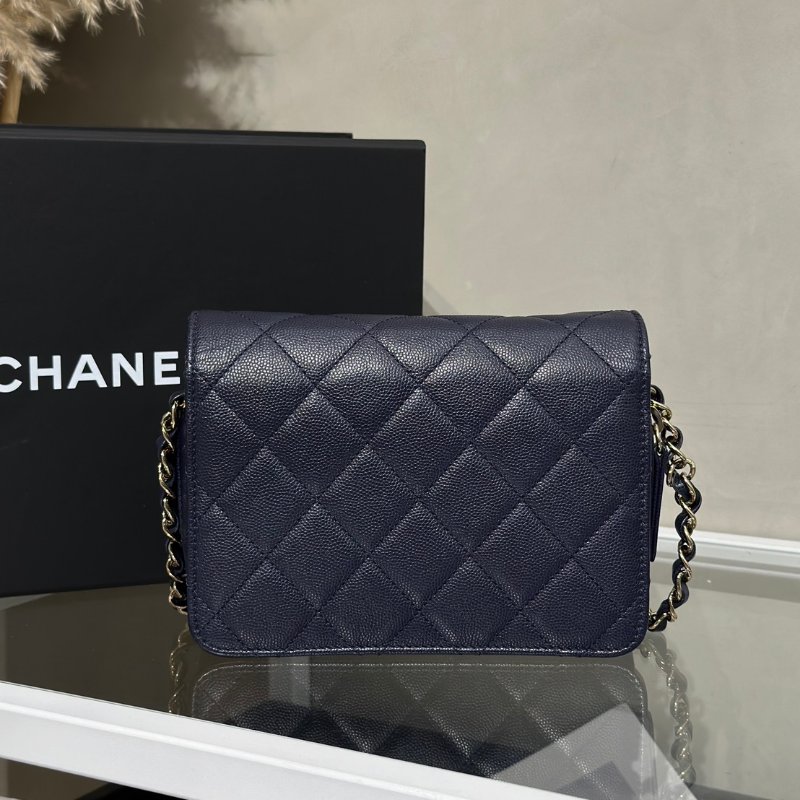 CHANEL 22C多隔層口蓋包 - 深藍金-4