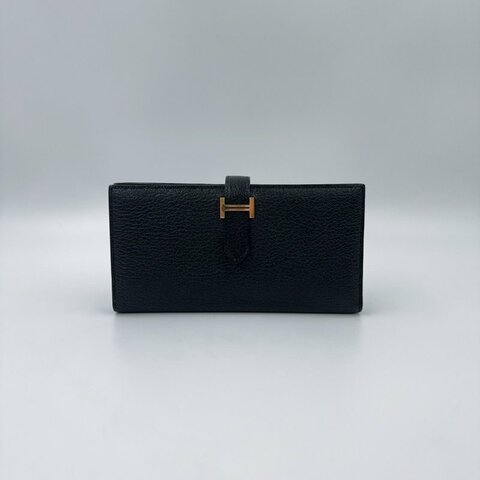 HERMES 89Noir黑色山羊皮Bearn金釦H長夾