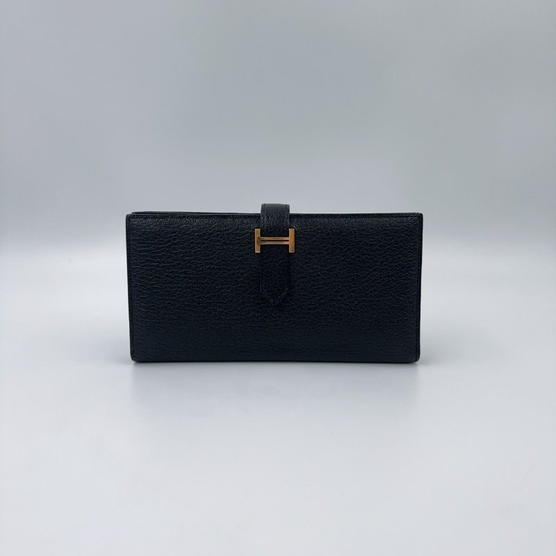 HERMES 89Noir黑色山羊皮Bearn金釦H長夾-0