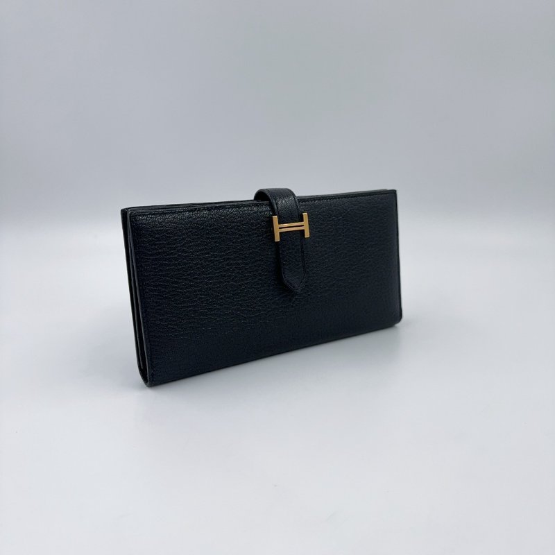 HERMES 89Noir黑色山羊皮Bearn金釦H長夾-1
