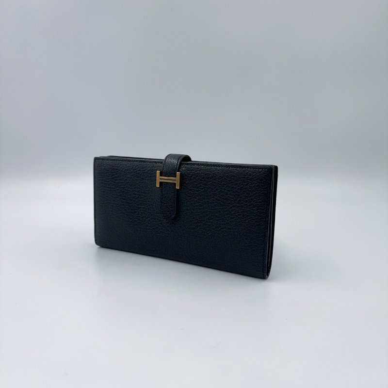 HERMES 89Noir黑色山羊皮Bearn金釦H長夾-2