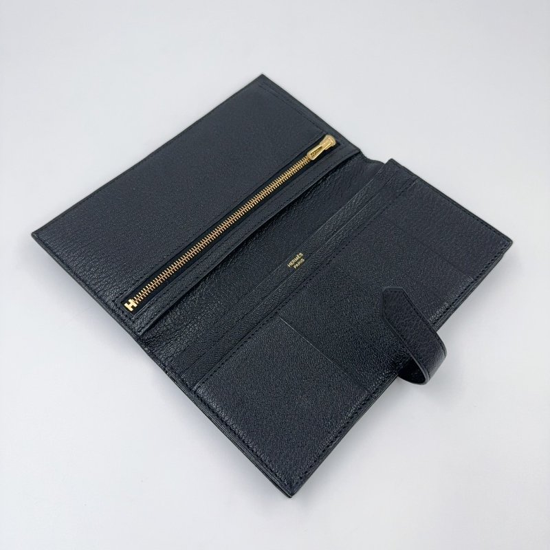 HERMES 89Noir黑色山羊皮Bearn金釦H長夾-5