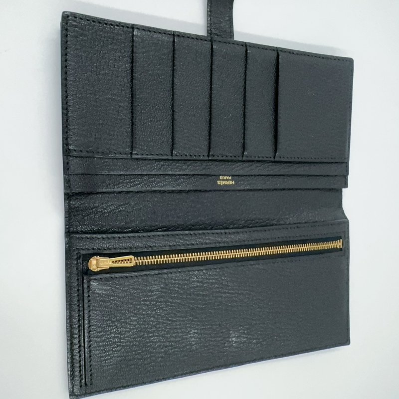 HERMES 89Noir黑色山羊皮Bearn金釦H長夾-7