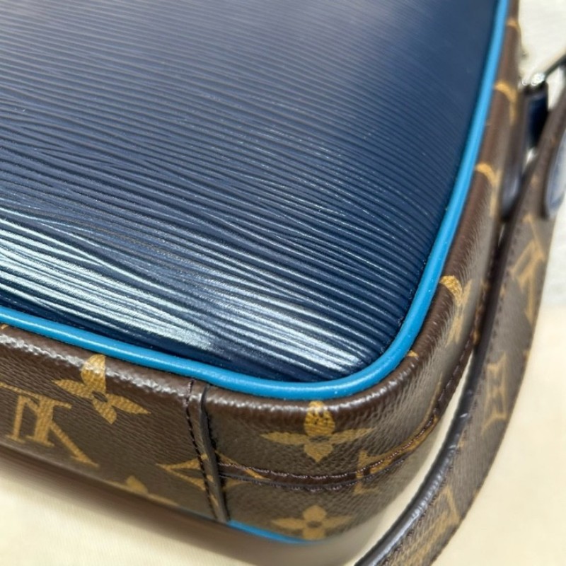 LV路易威登水波纹老花拼色郵差包 藍拼老花水波纹 可單肩可斜挎 雙拉鏈開合 容量大 日常通勤百搭實用-9