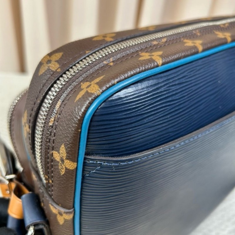 LV路易威登水波纹老花拼色郵差包 藍拼老花水波纹 可單肩可斜挎 雙拉鏈開合 容量大 日常通勤百搭實用-11