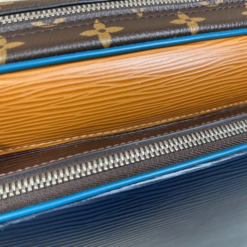 LV路易威登水波纹老花拼色郵差包 藍拼老花水波纹 可單肩可斜挎 雙拉鏈開合 容量大 日常通勤百搭實用-17