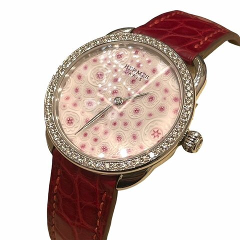 HERMES 愛馬仕 AR6A93 ARCEAU 水晶花鑽石 自動機械腕錶 K18WG 粉色