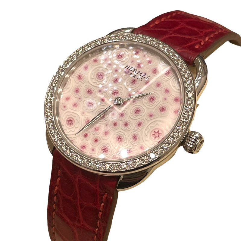 HERMES 愛馬仕 AR6A93 ARCEAU 水晶花鑽石 自動機械腕錶 K18WG 粉色-0
