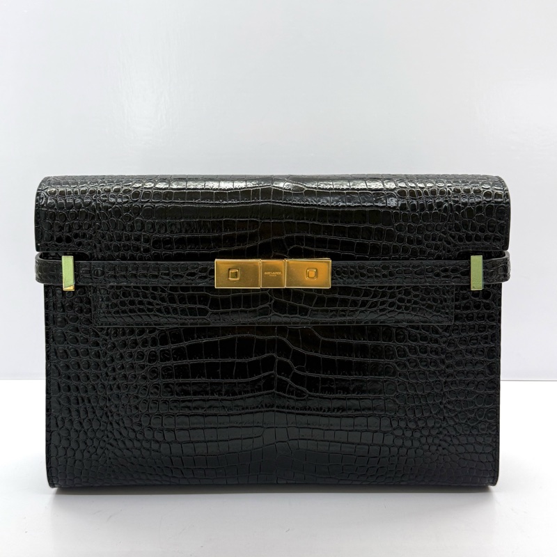 YSL 聖羅蘭 黑色MANHATTAN鱷魚壓紋肩背包 579271-0