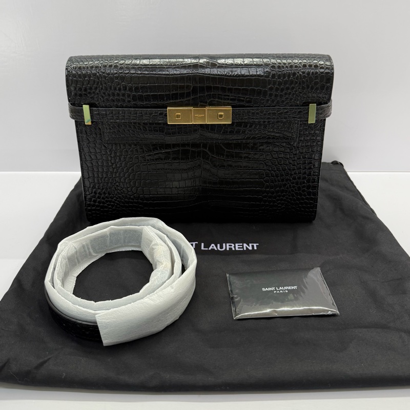 YSL 聖羅蘭 黑色MANHATTAN鱷魚壓紋肩背包 579271-2