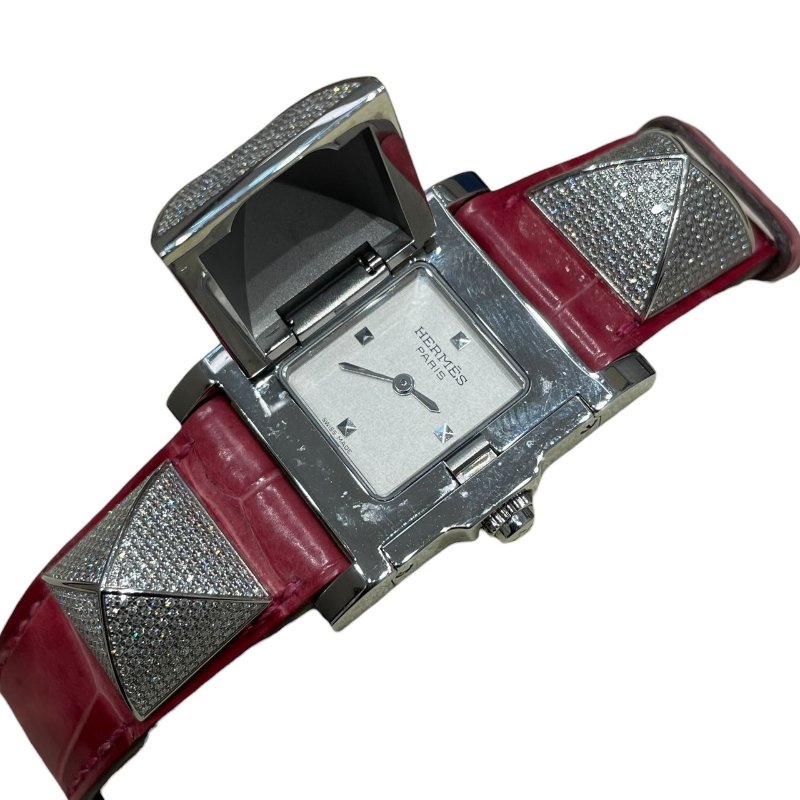 HERMES 愛馬仕 ME3.230 全鑽鉚釘腕錶 石英錶 鱷魚皮 粉色-1