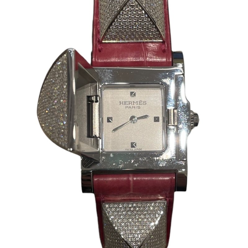HERMES 愛馬仕 ME3.230 全鑽鉚釘腕錶 石英錶 鱷魚皮 粉色-3