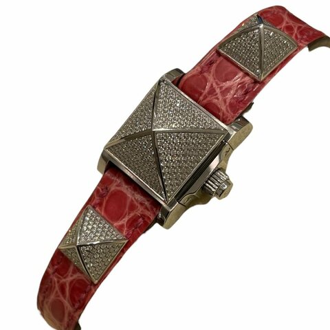 HERMES 愛馬仕 ME2.130 迷你全鑽鉚釘腕錶 石英錶 粉色鱷魚皮