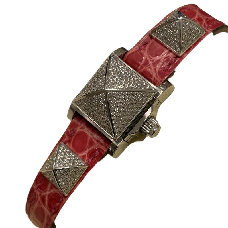 HERMES 愛馬仕 ME2.130 迷你全鑽鉚釘腕錶 石英錶 粉色鱷魚皮-0