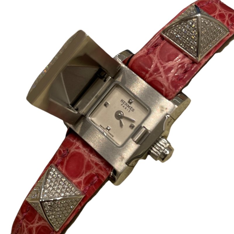 HERMES 愛馬仕 ME2.130 迷你全鑽鉚釘腕錶 石英錶 粉色鱷魚皮-1