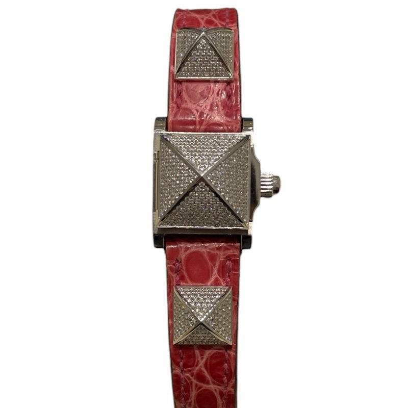 HERMES 愛馬仕 ME2.130 迷你全鑽鉚釘腕錶 石英錶 粉色鱷魚皮-2