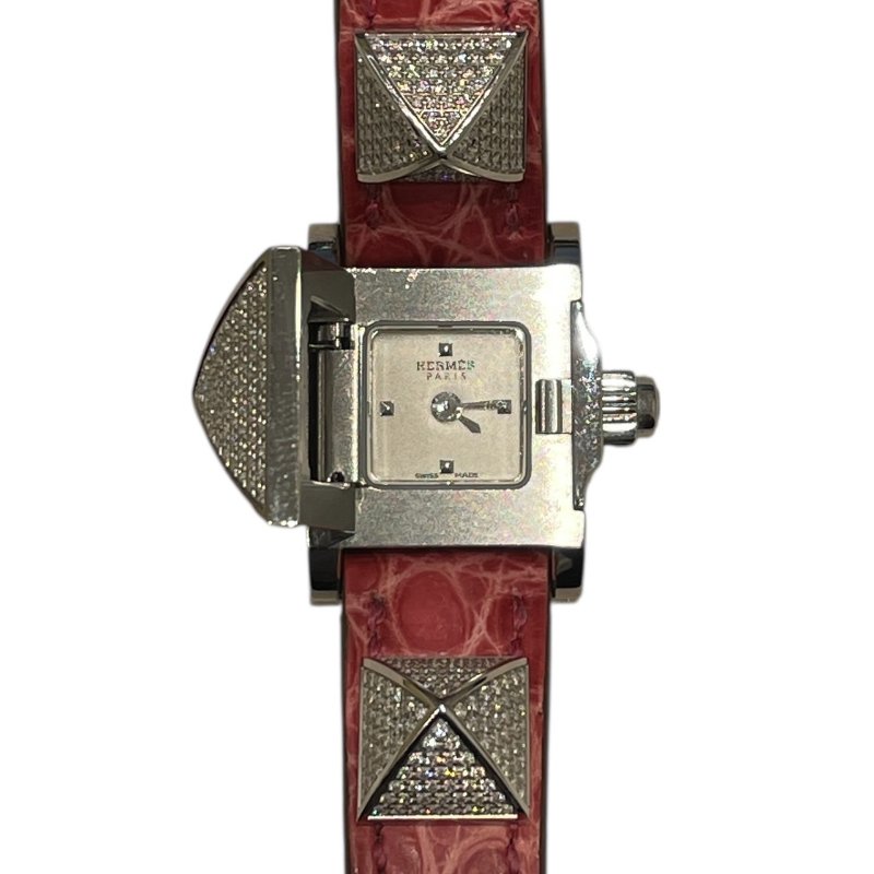 HERMES 愛馬仕 ME2.130 迷你全鑽鉚釘腕錶 石英錶 粉色鱷魚皮-3