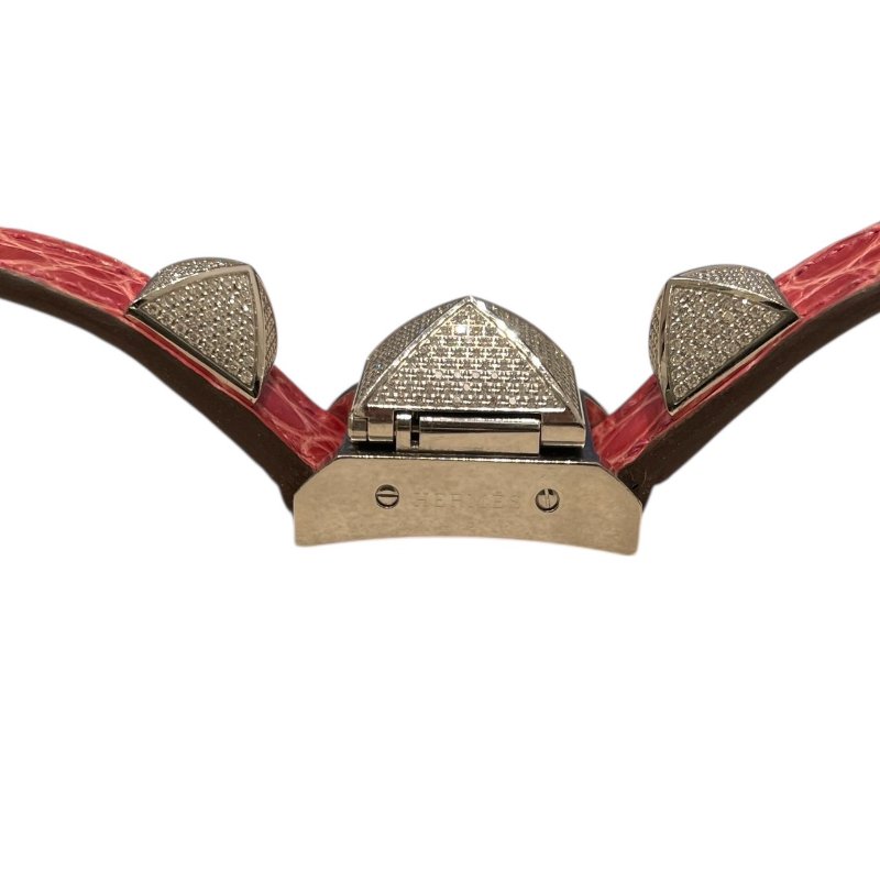 HERMES 愛馬仕 ME2.130 迷你全鑽鉚釘腕錶 石英錶 粉色鱷魚皮-7