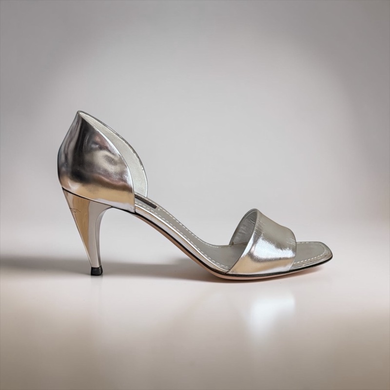 🍒 【絕版收藏・義大利製】Louis Vuitton LV 鏡面銀一字帶高跟涼鞋 size:37.5/2F260328-2-2