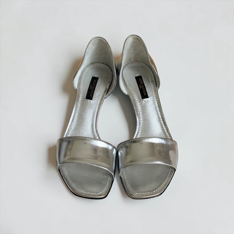 🍒 【絕版收藏・義大利製】Louis Vuitton LV 鏡面銀一字帶高跟涼鞋 size:37.5/2F260328-2-4