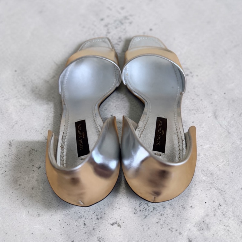 🍒 【絕版收藏・義大利製】Louis Vuitton LV 鏡面銀一字帶高跟涼鞋 size:37.5/2F260328-2-6