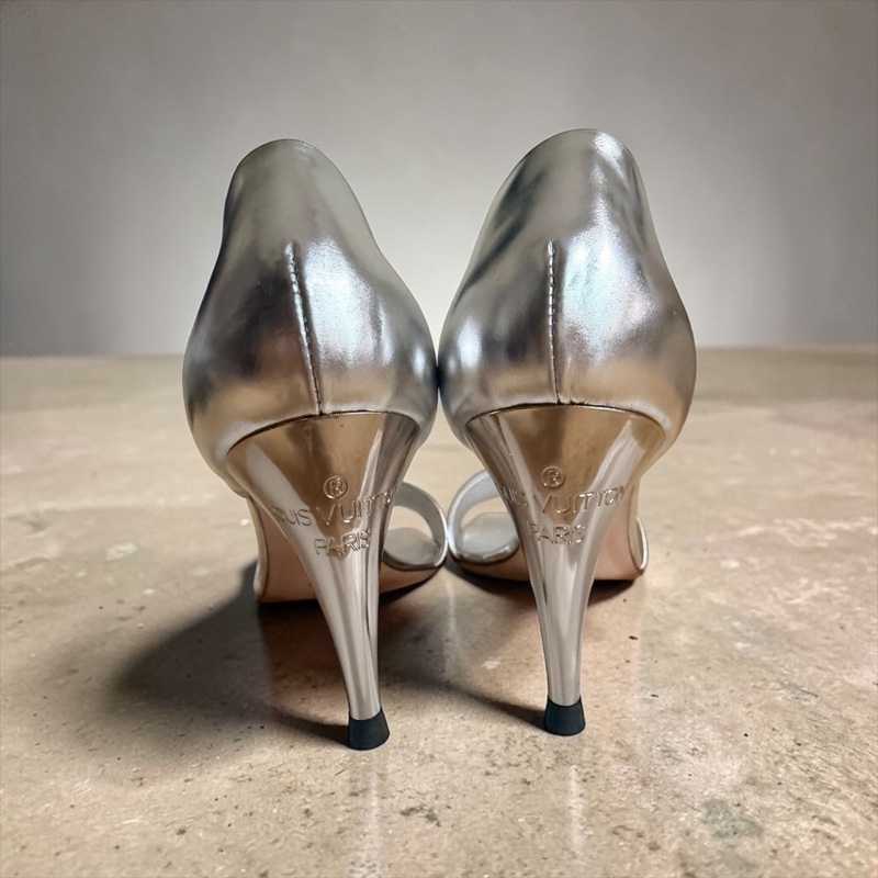 🍒 【絕版收藏・義大利製】Louis Vuitton LV 鏡面銀一字帶高跟涼鞋 size:37.5/2F260328-2-7