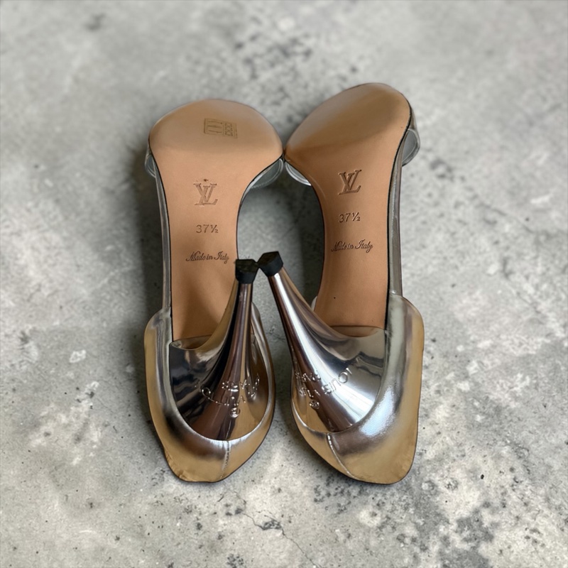 🍒 【絕版收藏・義大利製】Louis Vuitton LV 鏡面銀一字帶高跟涼鞋 size:37.5/2F260328-2-8