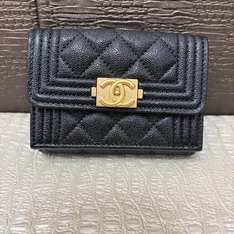 Chanel 黑荔枝皮霧金釦mini 三折短夾-0