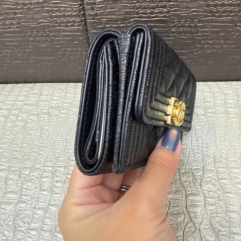 Chanel 黑荔枝皮霧金釦mini 三折短夾-3
