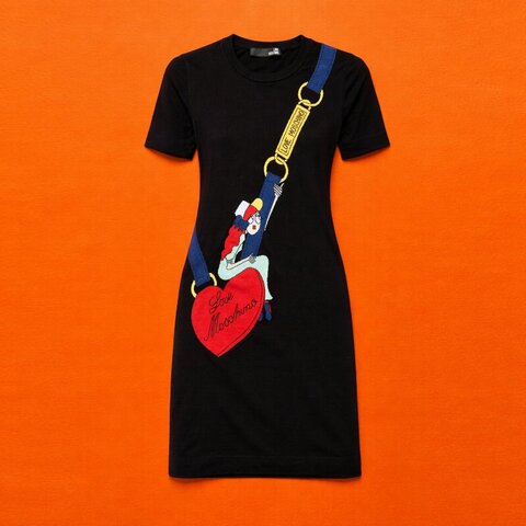 ::Love Moschino:: 黑色愛心女孩圖樣長版洋裝