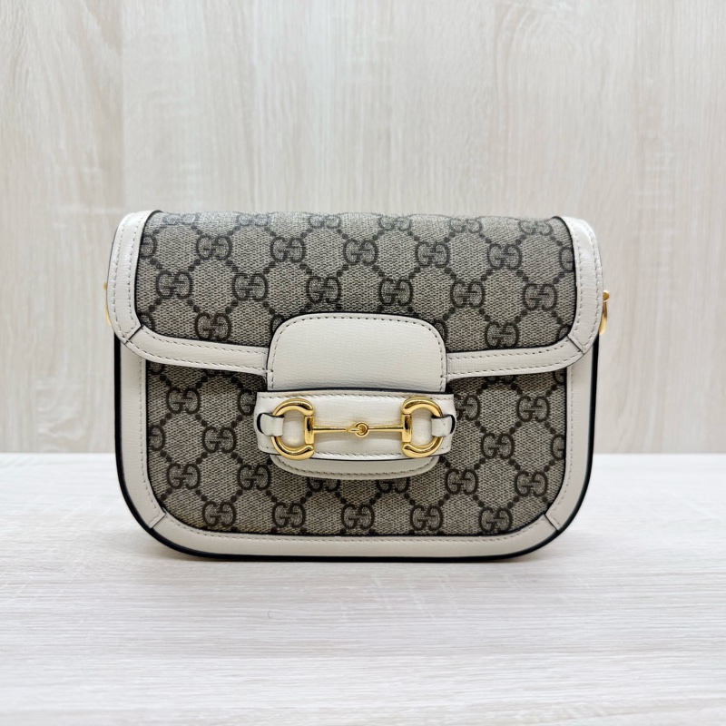 Gucci白色原花1955Horsebit雙背帶側背包658574-1
