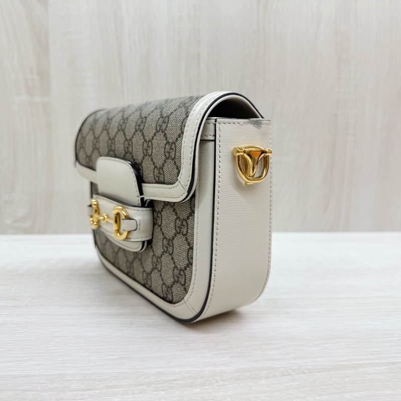 Gucci白色原花1955Horsebit雙背帶側背包658574-3