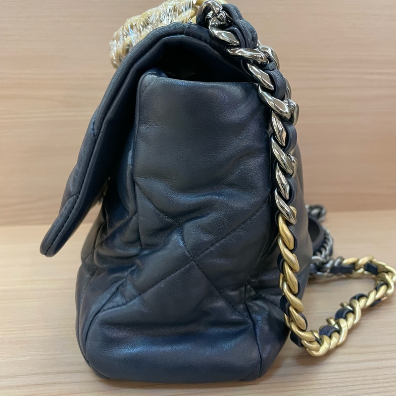 Chanel 香奈儿 19bag 羊皮小號 30開 蓝金手提斜挎链条包-2