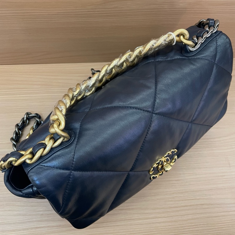 Chanel 香奈儿 19bag 羊皮小號 30開 蓝金手提斜挎链条包-7