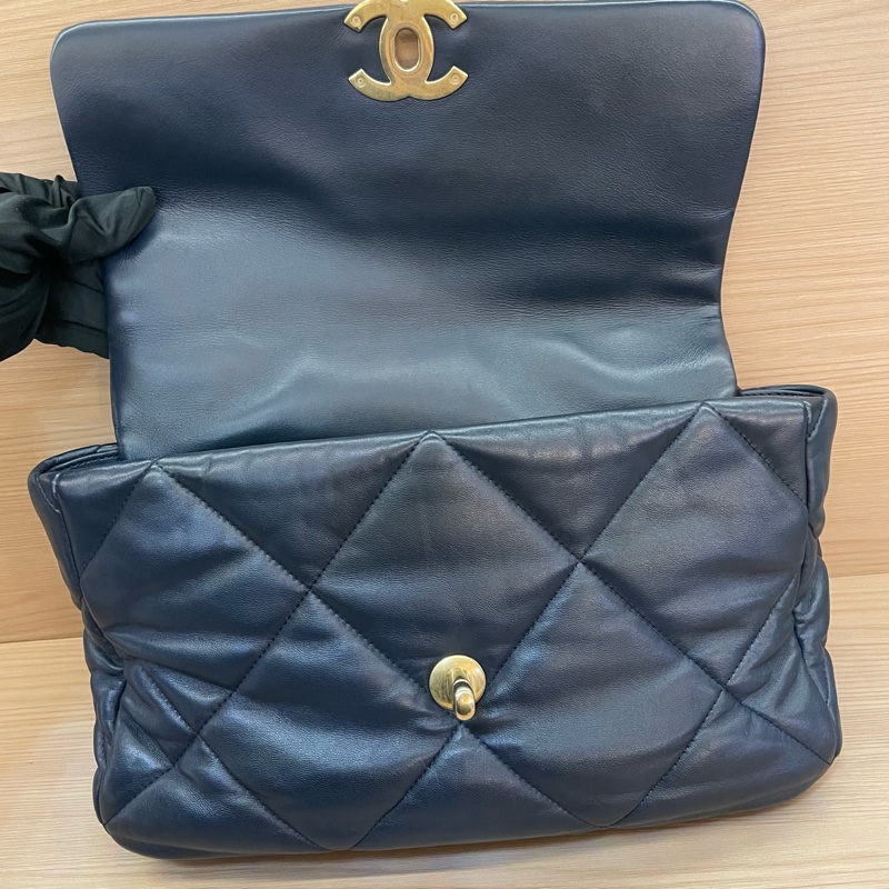 Chanel 香奈儿 19bag 羊皮小號 30開 蓝金手提斜挎链条包-8