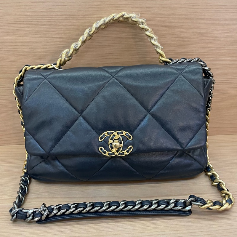 Chanel 香奈儿 19bag 羊皮小號 30開 蓝金手提斜挎链条包-9