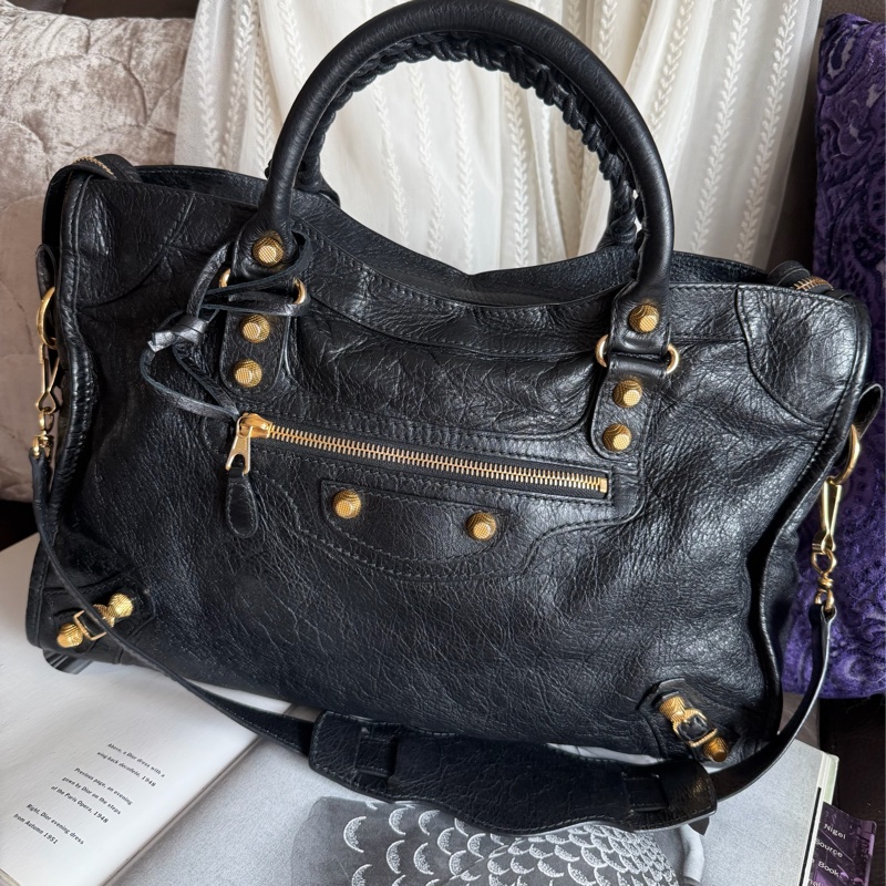 巴黎世家 機車包 黑金 black lambskin balenciaga classic city-0