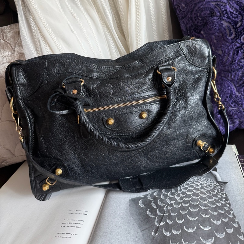 巴黎世家 機車包 黑金 black lambskin balenciaga classic city-5