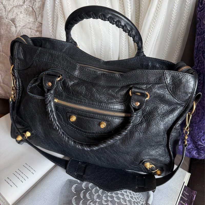 巴黎世家 機車包 黑金 black lambskin balenciaga classic city-11