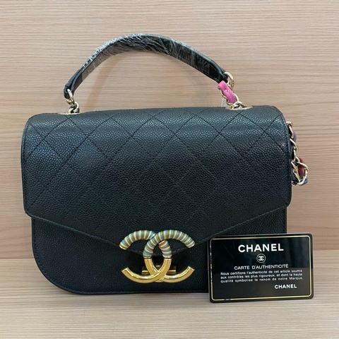 CHANEL 香奈儿邮差包古巴系列黑色菱格纹牛皮