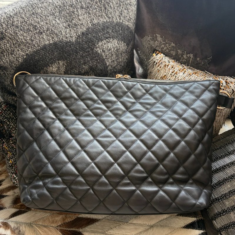 CHANEL 牛皮拉鏈肩背包 黑色 晶片-1