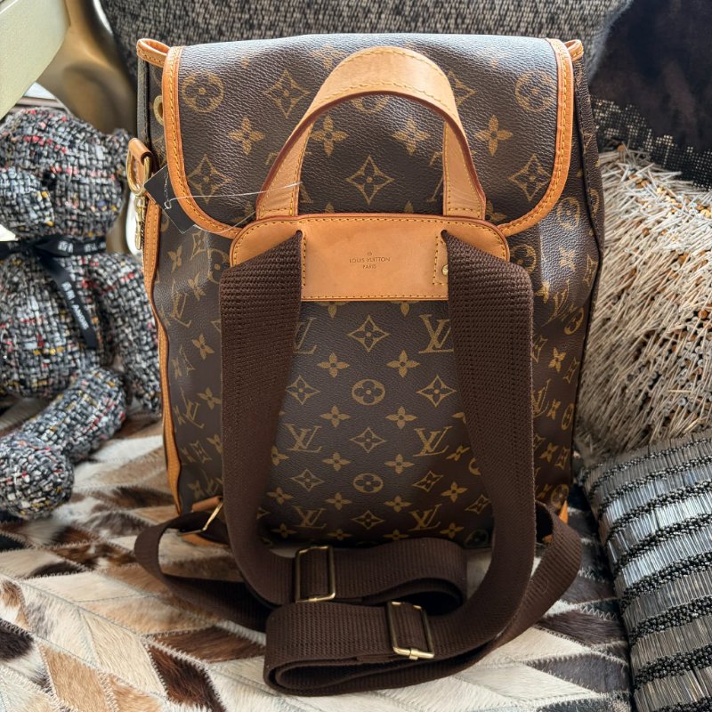 LV原花紋拚皮革雙口袋 後背包-1