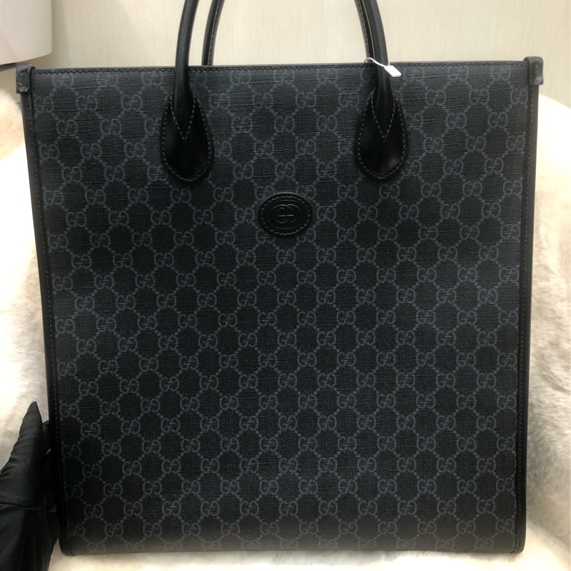 Gucci 黑色老花 PVC 大Tote 2Way 公事包 XC340-0