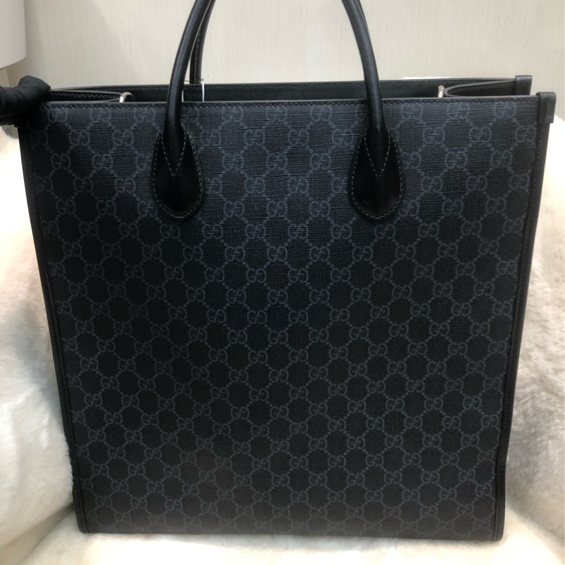 Gucci 黑色老花 PVC 大Tote 2Way 公事包 XC340-1