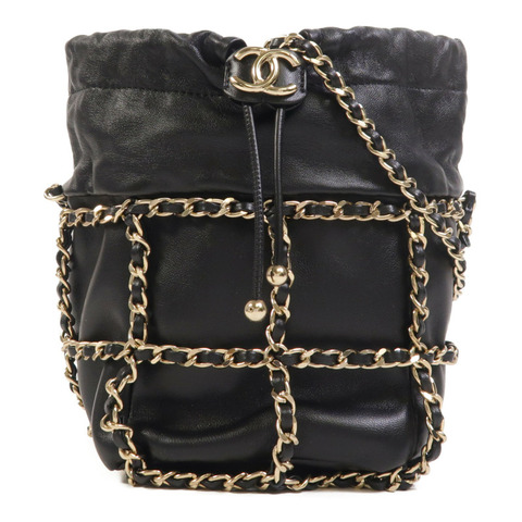 CHANEL 羊皮皮革Drawstring Bag金扣鏈帶肩背袋
