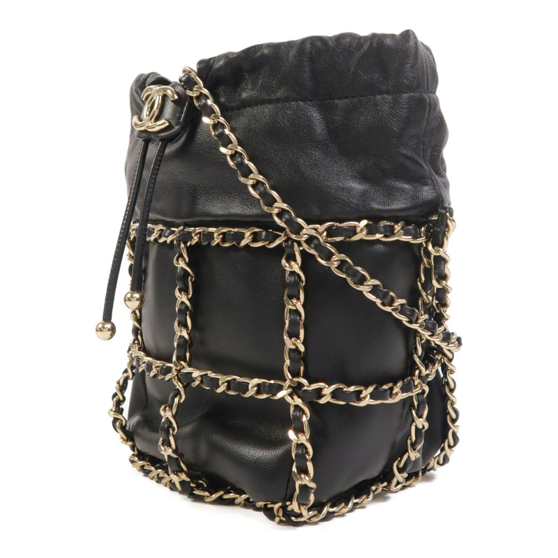 CHANEL 羊皮皮革Drawstring Bag金扣鏈帶肩背袋-2