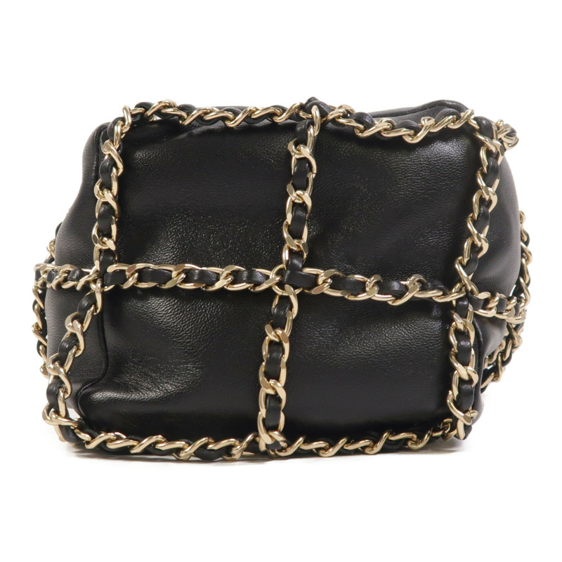CHANEL 羊皮皮革Drawstring Bag金扣鏈帶肩背袋-3